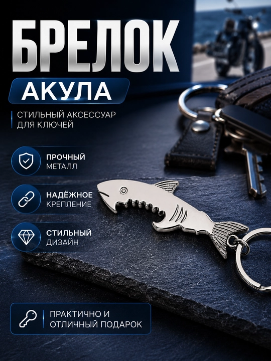 Akula brelok shisha ochgich, kalitlar uchun brelok, ichimliklar uchun brelok - 