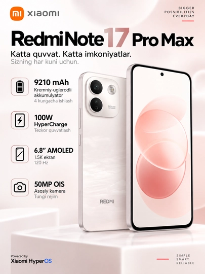 Smartfon Redmi Note 17 Pro Max 5G, 8+512GB, AMOLED 120Hz ekran, 50MP kamera, 10000 mAh - 