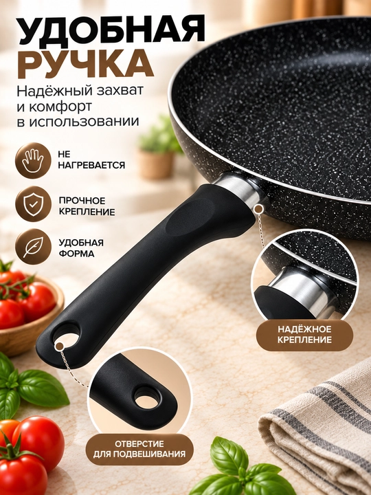 Сковорода с крышкой стеклянной, гранитное антипригарное покрытие, 24, 26, 28 см