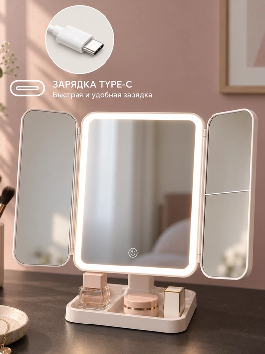 LED yoritgichli makiyaj oynasi 2X 3X kattalashtiruvchi Type-C sensorli