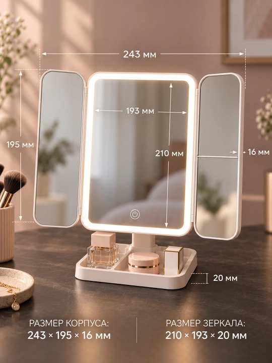 LED yoritgichli makiyaj oynasi 2X 3X kattalashtiruvchi Type-C sensorli