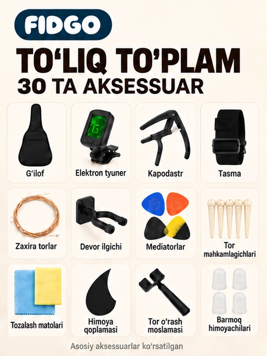 Akustik gitara, FIDGO to‘plamida 30 ta aksessuar