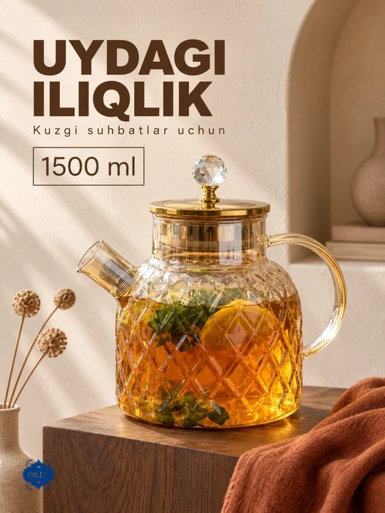 Issiqlikka chidamli shishadan, prujina elakli shisha choynak - 