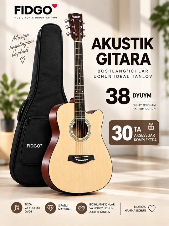 Akustik gitara, FIDGO to‘plamida 30 ta aksessuar - 