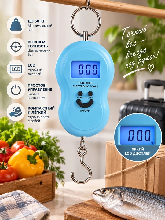 Elektron tarozi 50 kg, portativ osma tarozi, yuk, bozor, sayohat, baliq uchun aniq o'lchov