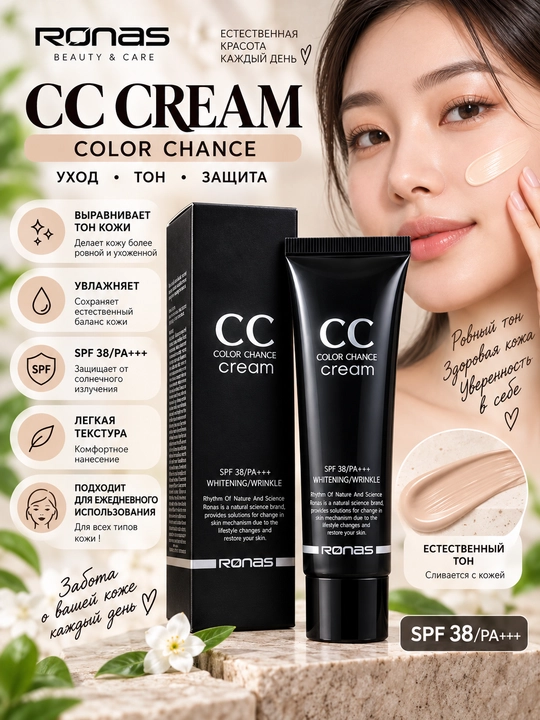 CC крем Ronas Color Chance SPF 38/PA+++ увлажняющий тональный крем для лица на каждый день - 