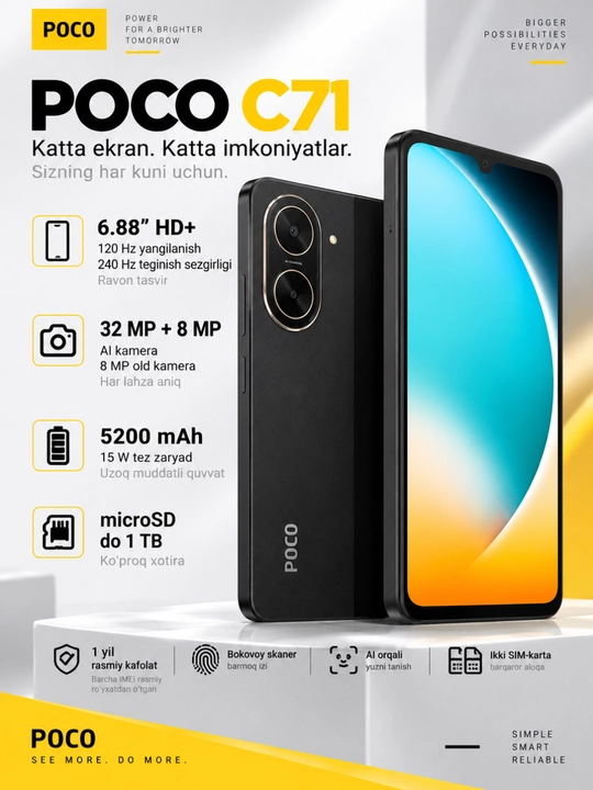 Xiaomi Poco C71 smartfoni, 5200 mA/soat, 15 Vt tezkor quvvatlash, 32 MP kamera - 
