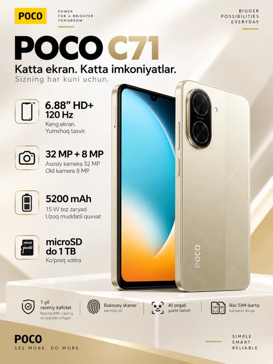 Xiaomi Poco C71 smartfoni, 5200 mA/soat, 15 Vt tezkor quvvatlash, 32 MP kamera - 