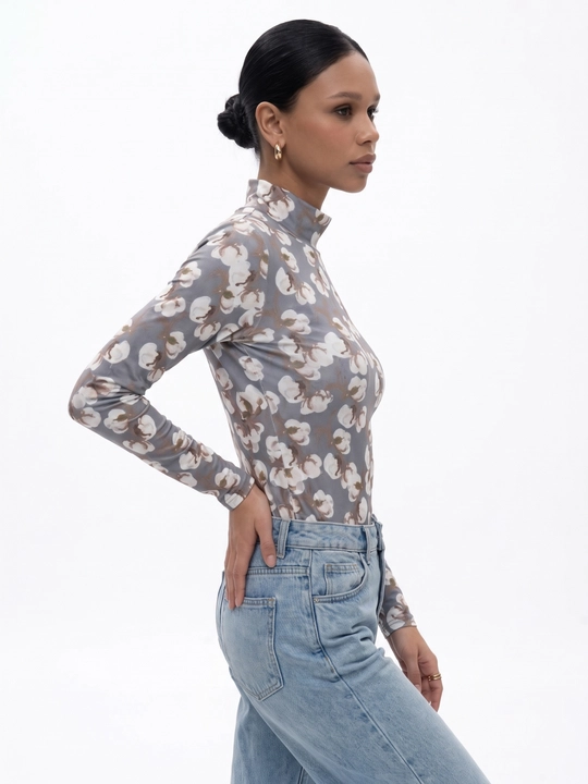 UMA ayollar uchun paxta guli printli Slim Fit uzun yengli longsliv