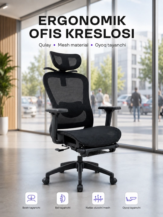 Ergonomik ofis kreslosi, mesh materialli, oyoq tayanchi bilan - 