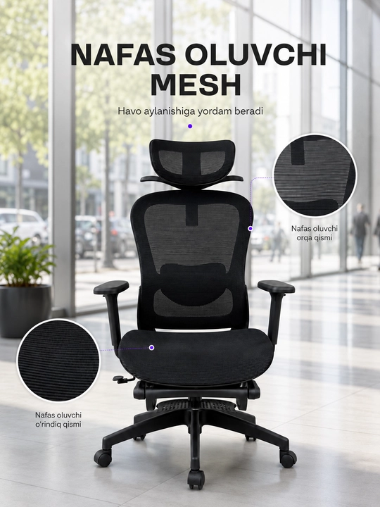 Ergonomik ofis kreslosi, mesh materialli, oyoq tayanchi bilan