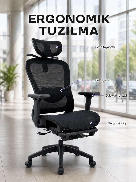 Ergonomik ofis kreslosi, mesh materialli, oyoq tayanchi bilan