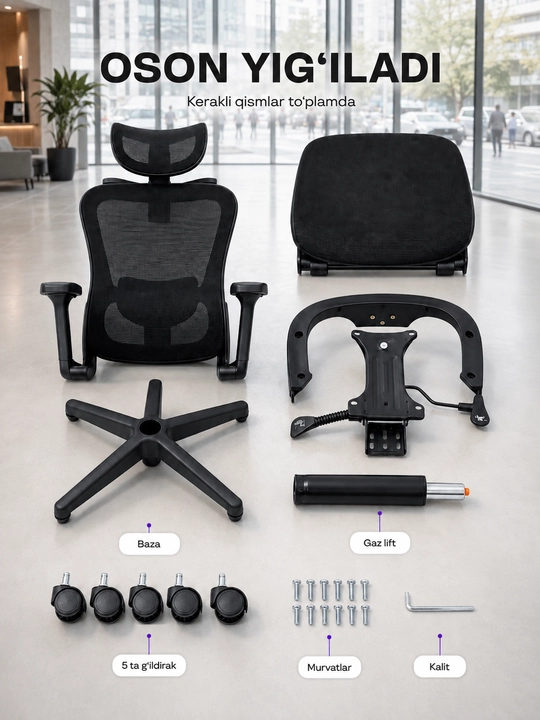 Ergonomik ofis kreslosi, mesh materialli, oyoq tayanchi bilan