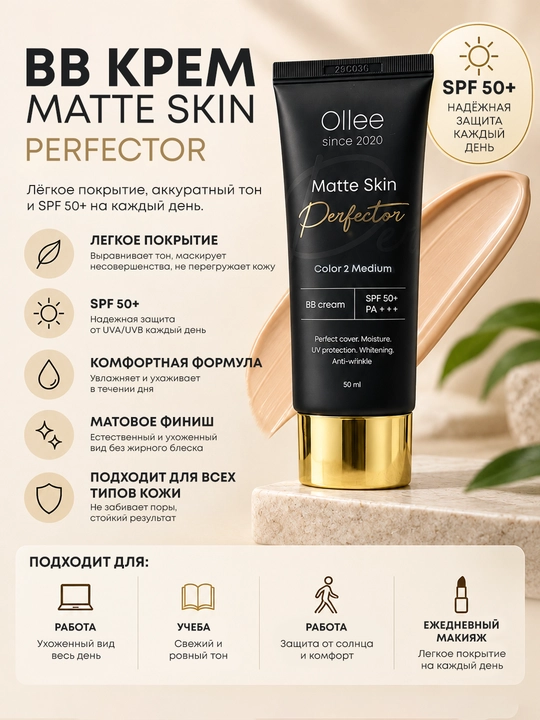 Quruq, normal va aralash teri uchun OLLEE SPF50+ BB-xiralashtiruvchi kremi, 50 ml