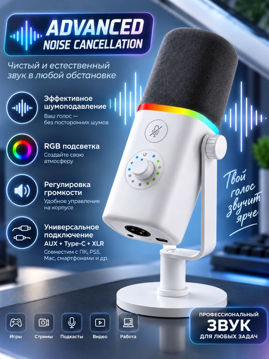 Микрофон для стримов, озвучки и ПК игровой с подсветкой USB, профессиональный - 