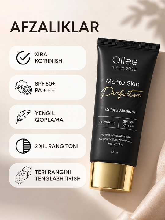 Крем BB для лица OLLEE Matte Skin Perfector матирующий SPF50+ для ровного тона, 50 мл