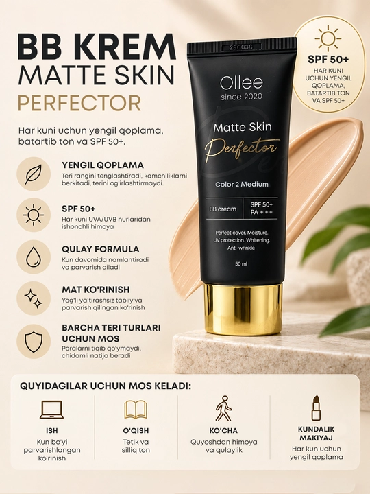 Крем BB для лица OLLEE Matte Skin Perfector матирующий SPF50+ для ровного тона, 50 мл