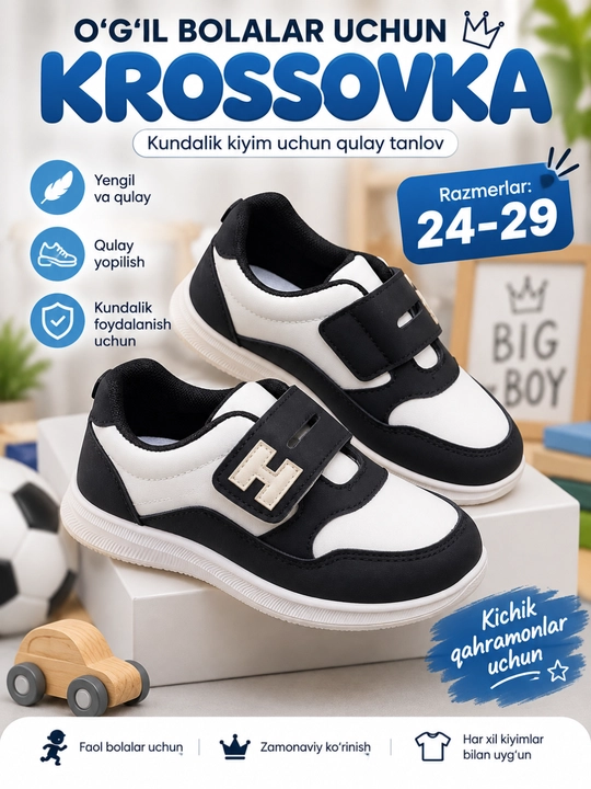 O‘g‘il va qiz bolalar uchun krossovkalar, bolalar poyabzali, 24-29 o‘lchamlar, 1 o‘lcham kichikroq