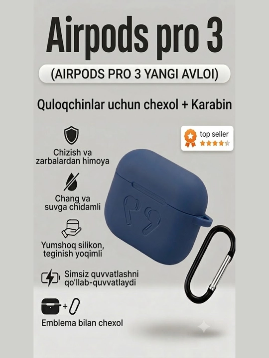 AirPods Pro 3 uchun g'ilof karabinli Apple knopkali chexol minigarnitura himoyasi - 