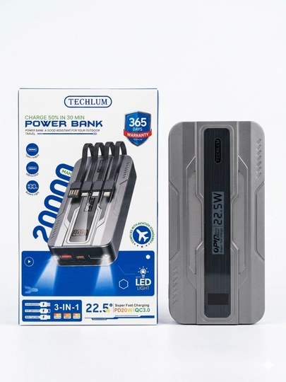 Портативный Power Bank  20000 mAh с быстрой зарядкой 22.5W и встроенными кабелями (3-в-1) - 