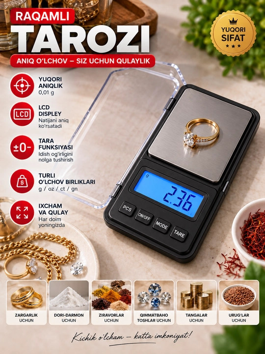 Elektron tarozi, mini cho'ntak tarozi, 0.01 g aniqlik, zargarlik va ziravorlar uchun qulay