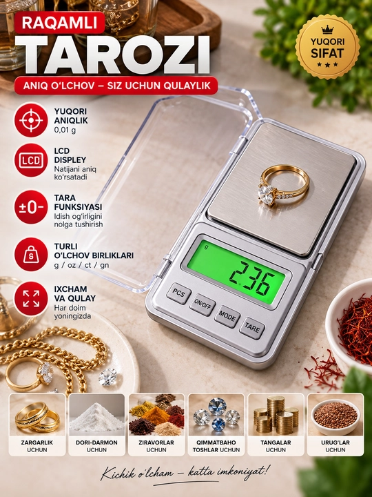 Elektron tarozi, mini cho'ntak tarozi, 0.01 g aniqlik, zargarlik va ziravorlar uchun qulay