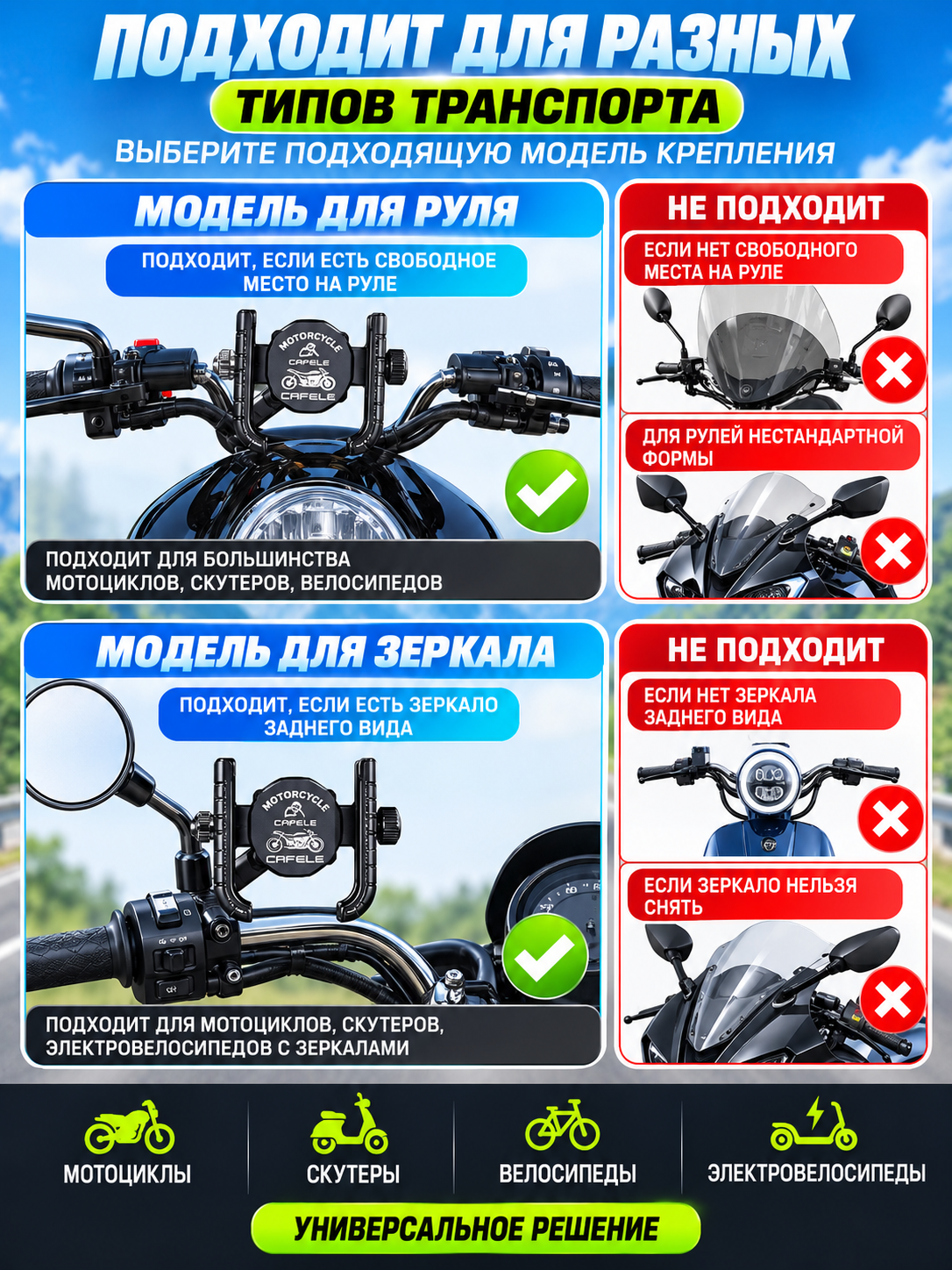 Velosiped, mototsikl va elektrosamokat uchun telefon ushlagich, 360° aylanuvchi