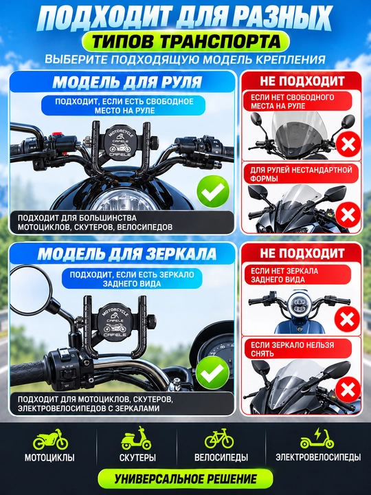 Velosiped, mototsikl va elektrosamokat uchun telefon ushlagich, 360° aylanuvchi
