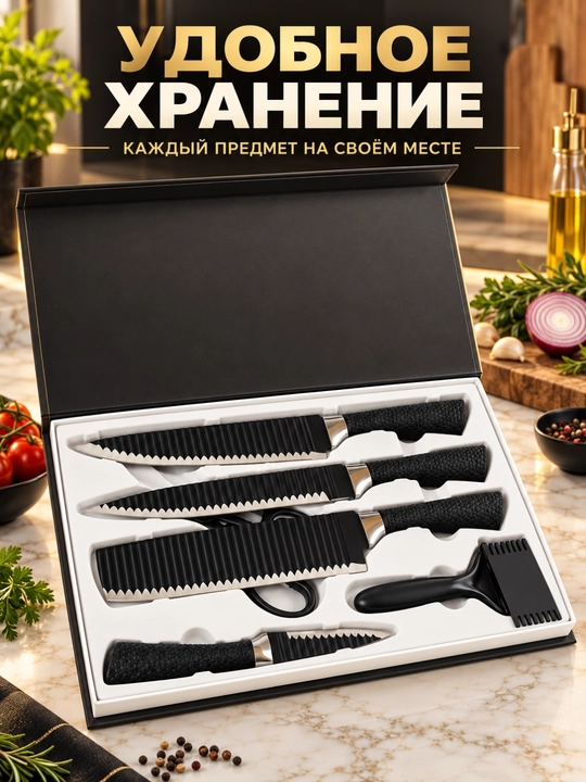 Набор кухонных ножей, 6 предметов + подарок, острые лезвия для дома и кухни