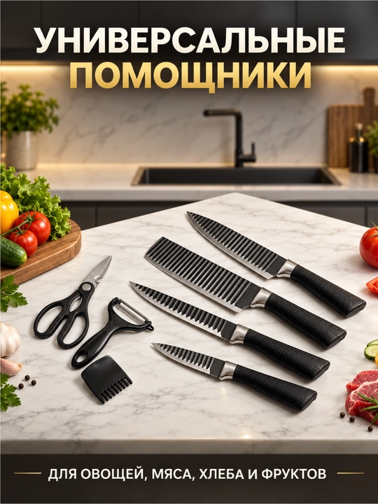 Набор острых кухонных ножей, 6 предметов с подарком, для нарезки продуктов
