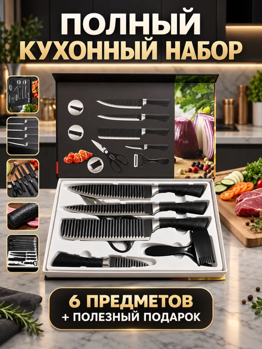 Набор острых кухонных ножей, 6 предметов с подарком, для нарезки продуктов