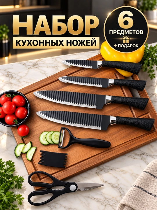 Набор острых кухонных ножей, 6 предметов с подарком, для нарезки продуктов - 