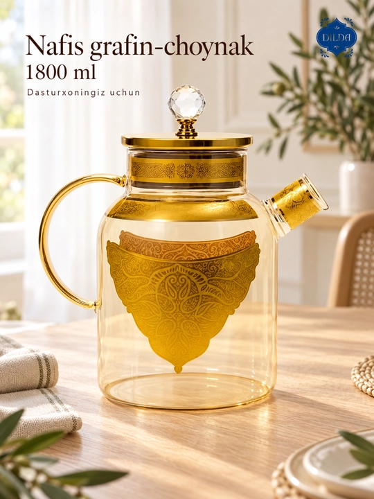 Choynak Issiqlikka chidamli shishadan yasalgan, prujinali elakli bezakli shisha choynak