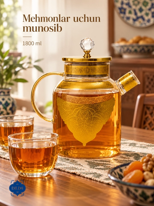 Choynak Issiqlikka chidamli shishadan yasalgan, prujinali elakli bezakli shisha choynak