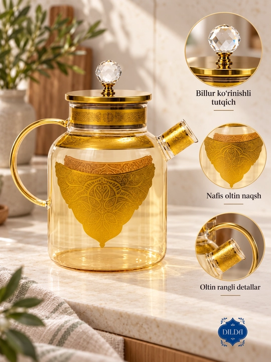 Choynak Issiqlikka chidamli shishadan yasalgan, prujinali elakli bezakli shisha choynak