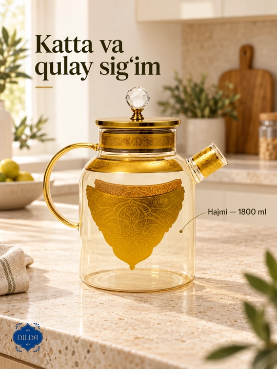 Choynak Issiqlikka chidamli shishadan yasalgan, prujinali elakli bezakli shisha choynak