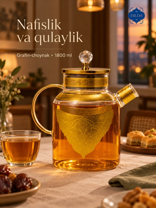 Choynak Issiqlikka chidamli shishadan yasalgan, prujinali elakli bezakli shisha choynak