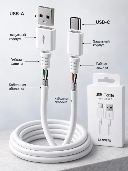 Универсальный кабель USB-A — Type-C для зарядки и синхронизации