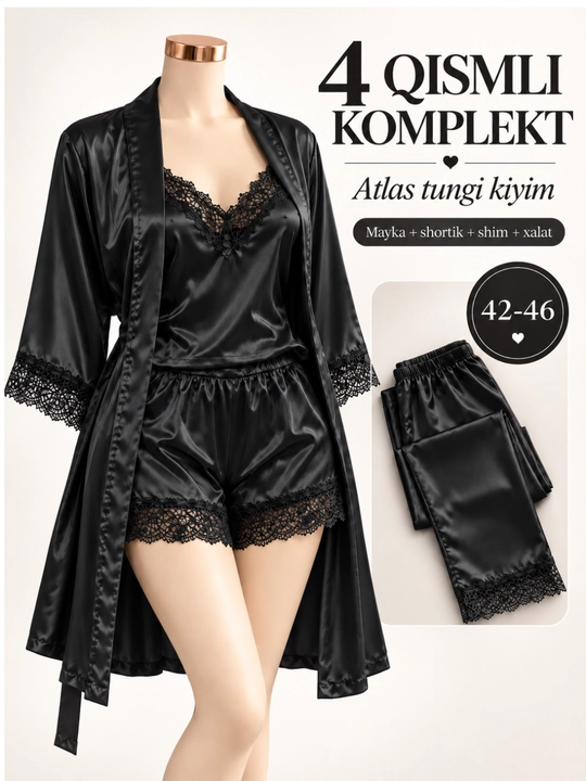 Ayollar uchun 4 qismli atlas tungi kiyim to‘plami, xalat, mayka, shortik va shim, 42–46 - 