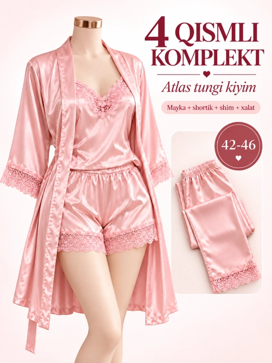 Ayollar uchun 4 qismli atlas tungi kiyim to‘plami, xalat, mayka, shortik va shim, 42–46 - 