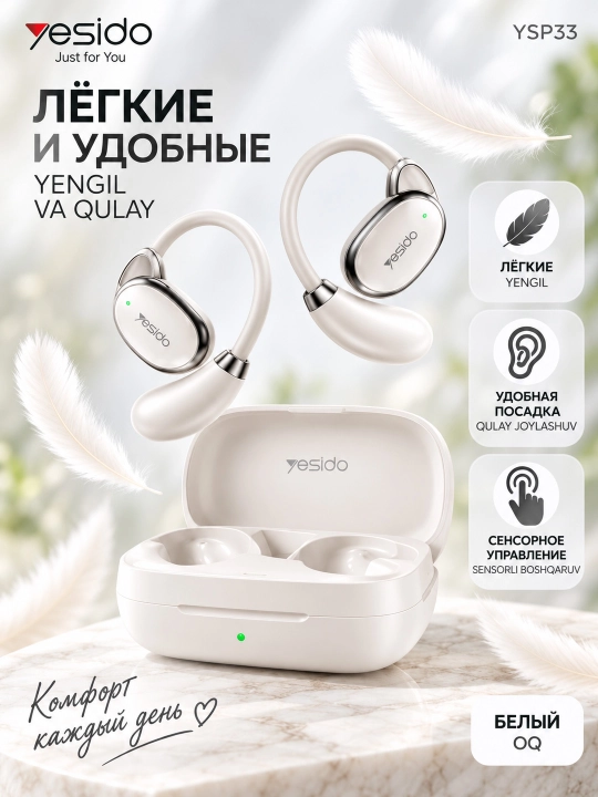 Наушники беспроводные YESIDO YSP33 c функцией переводчика 68 языков Bluetooth бел.черн - 