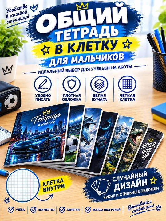 Тетради в клетку, 36/48/96 листов, 100% белизна, 3-5-10 штук на выбор - 