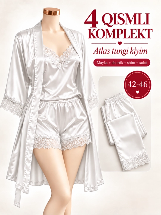 Ayollar uchun 4 qismli atlas tungi kiyim to‘plami, xalat, mayka, shortik va shim, 42–46 - 