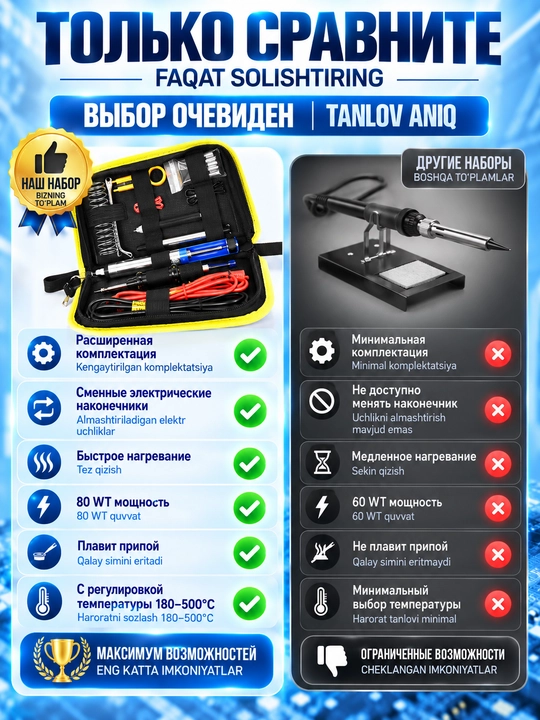 Elektr payalnik, payvandlash to‘plami, 80 W, 180–500 °C, LCD, 6 ta uch
