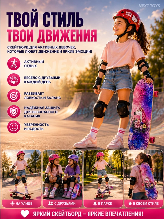 Bolalar skeytbordi, 80 sm, himoya, shlem va o‘g‘il-qizlar uchun sumka bilan