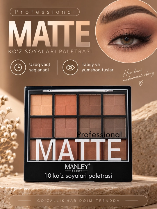 Mat tenlar palitrasi MATTE PROFESSIONAL, 10 xil rangga ega, ko'z va qovoqlar uchun tenlar