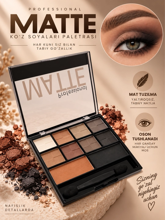 Mat tenlar palitrasi MATTE PROFESSIONAL, 10 xil rangga ega, ko'z va qovoqlar uchun tenlar - 