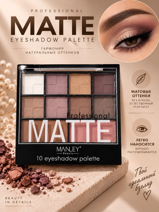 Mat tenlar palitrasi MATTE PROFESSIONAL, 10 xil rangga ega, ko'z va qovoqlar uchun tenlar