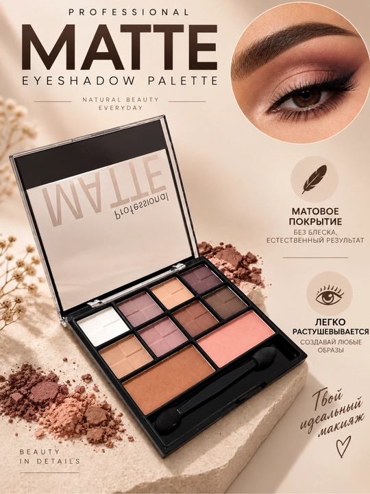 Mat tenlar palitrasi MATTE PROFESSIONAL, 10 xil rangga ega, ko'z va qovoqlar uchun tenlar - 
