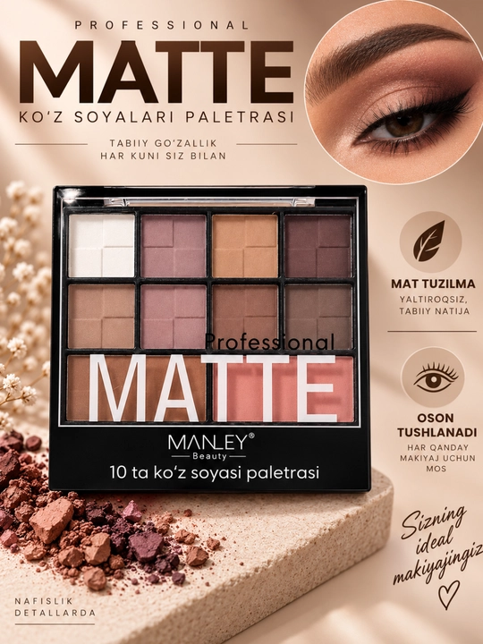 Mat tenlar palitrasi MATTE PROFESSIONAL, 10 xil rangga ega, ko'z va qovoqlar uchun tenlar